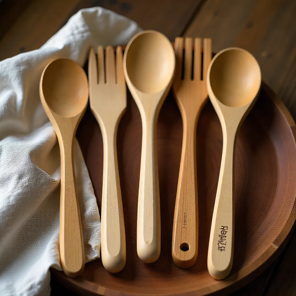 Handcrafted wooden kitchen tools arranged on natural surface