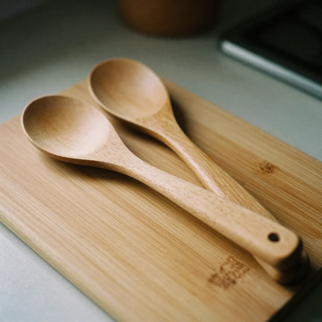 Set of wooden kitchen utensils including spoons and spatulas